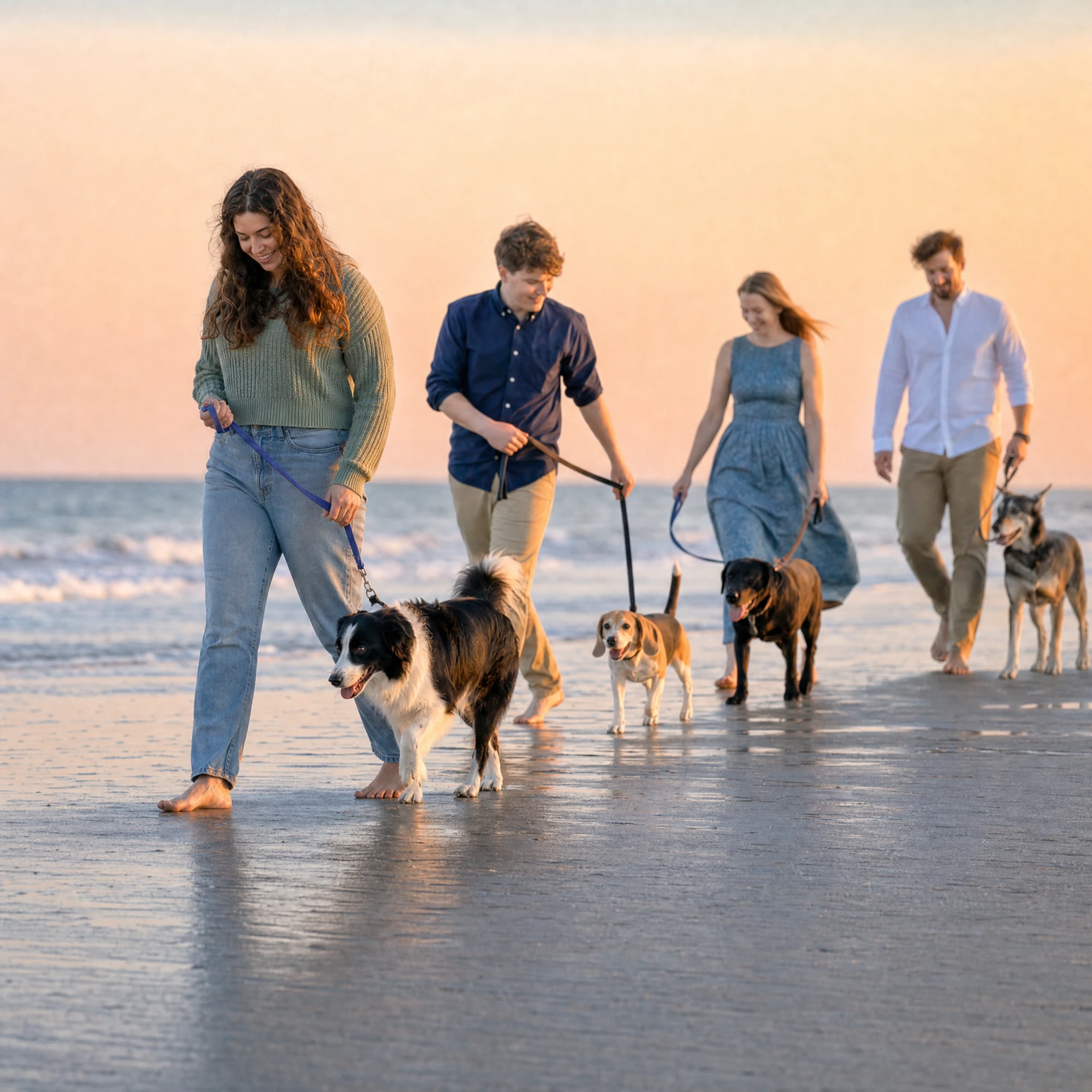 Pack walk on the beach at sunset